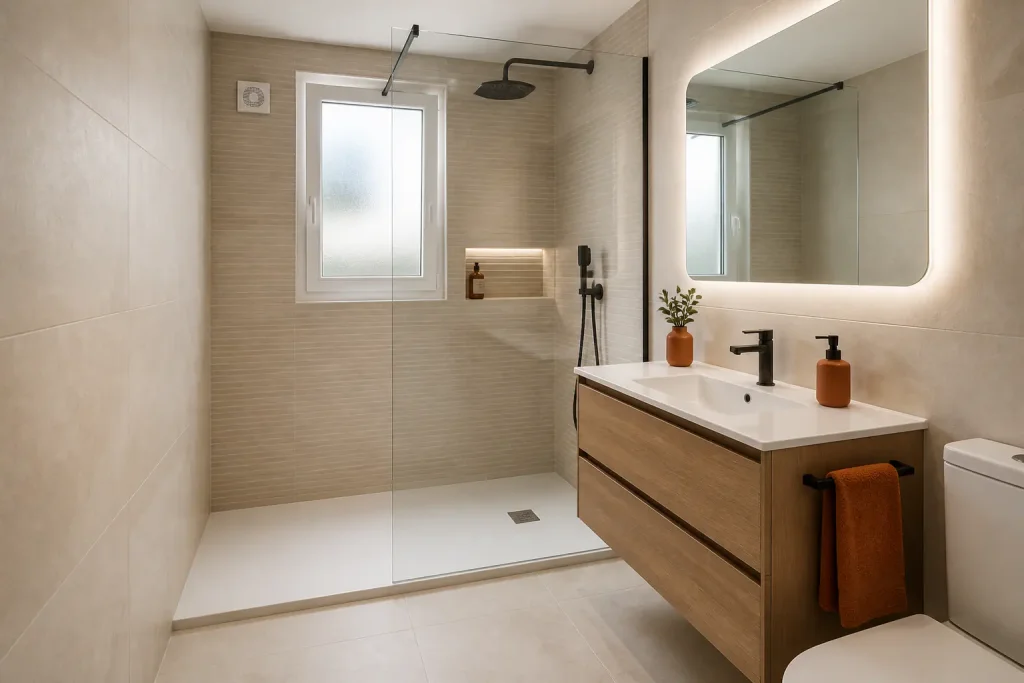 Baño renovado con ducha a ras de suelo, mampara y ventilación.