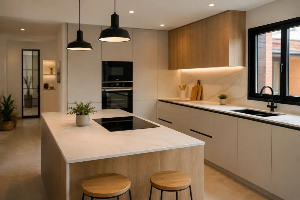 Cocina contemporánea con isla y ventanal