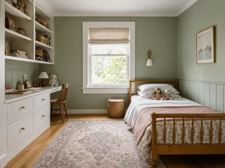 Dormitorio infantil acogedor en tonos salvia