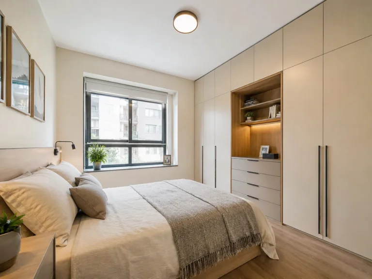 Dormitorio moderno con armarios empotrados y luz cálida