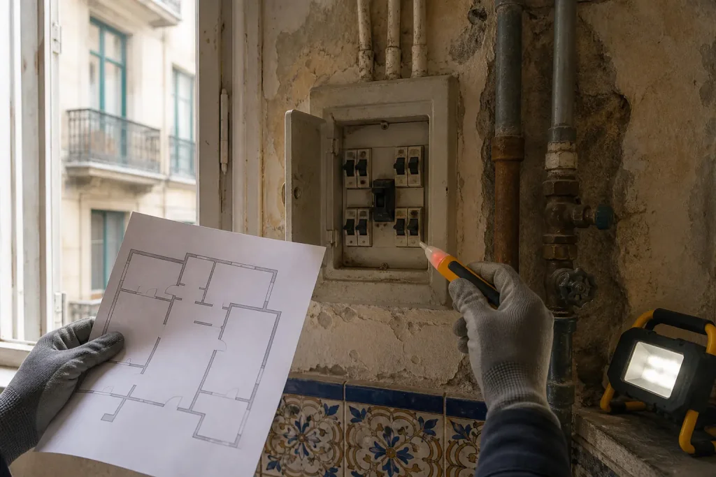 Revisión de las instalaciones eléctricas y tuberías de un piso antiguo.