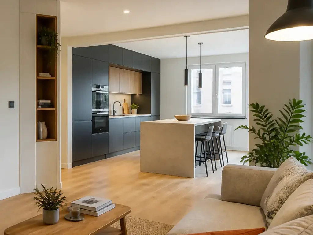 Cocina reformada con isla y frentes de madera