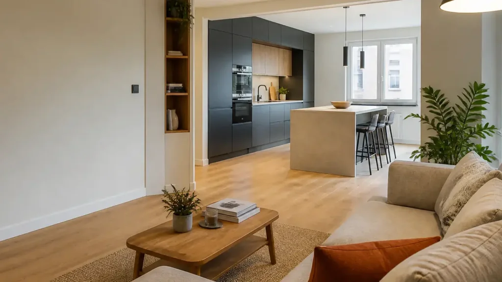 Salón reformado con luz natural y mesa de centro