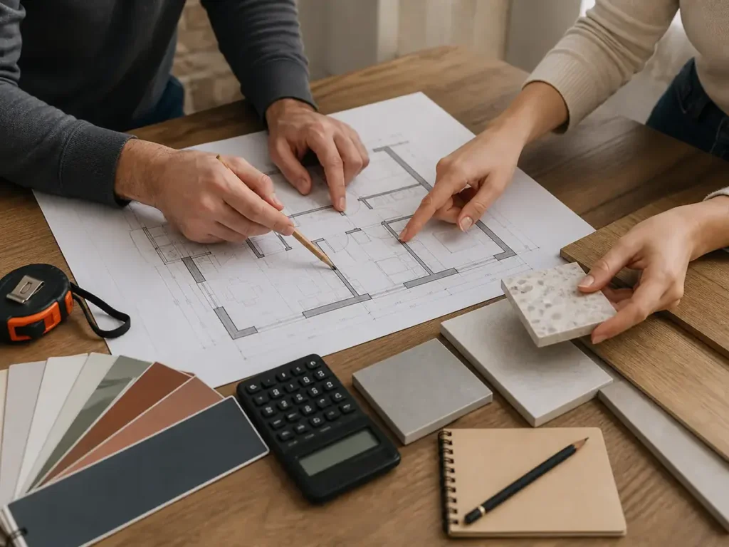 Planos, muestras de material y herramientas sobre una mesa