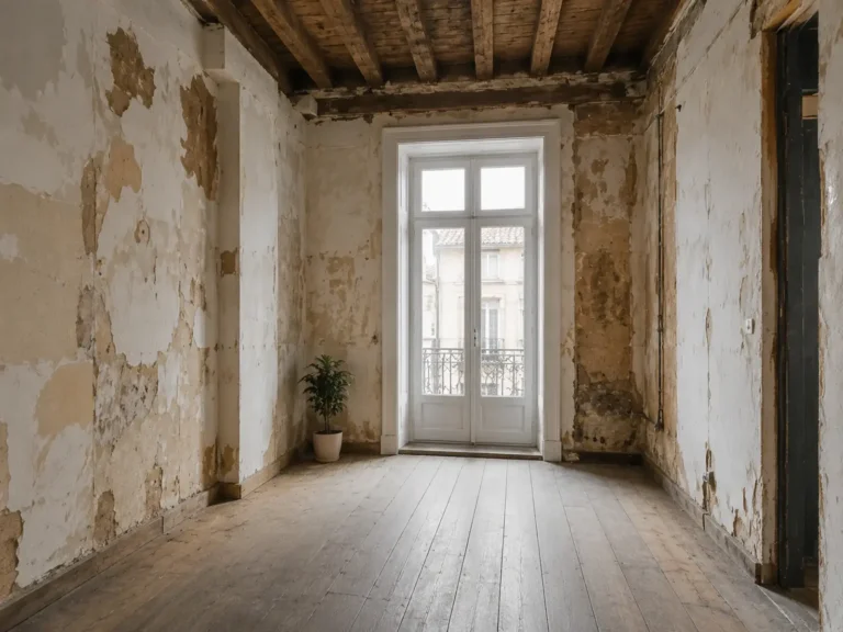 Habitación de un piso antiguo con el yeso descascarillado, vigas de madera vistas y balcón al fondo