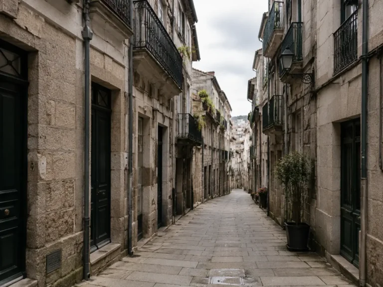 Calle estrecha del Casco Vello de Vigo con fachadas de sillería de granito y balcones de hierro