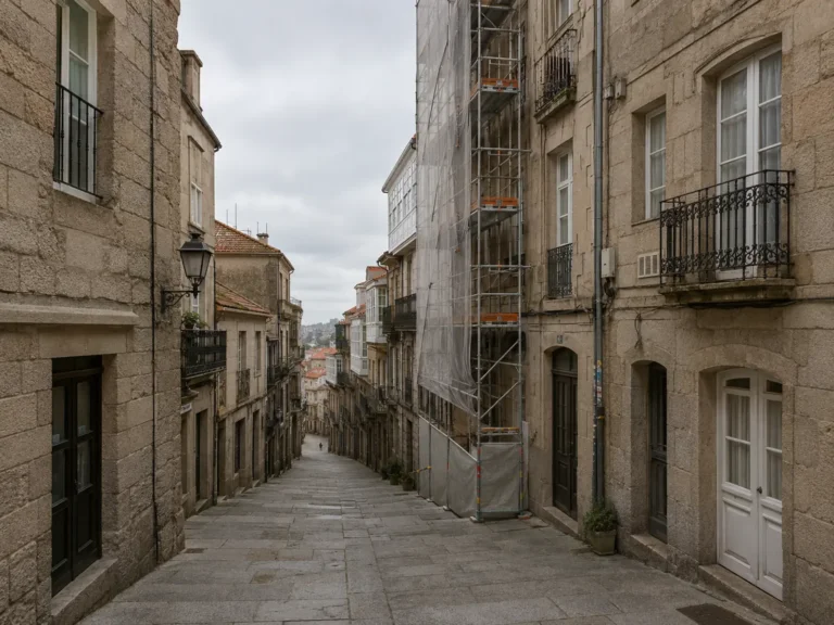 Calle en cuesta del Casco Vello de Vigo con un andamio cubierto por una malla en la fachada de un edificio en obras