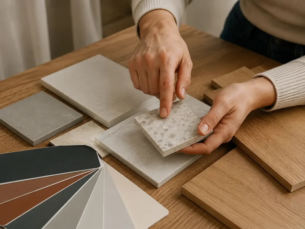 Dos manos comparan muestras de porcelánico, terrazo y madera junto a un abanico de colores sobre una mesa