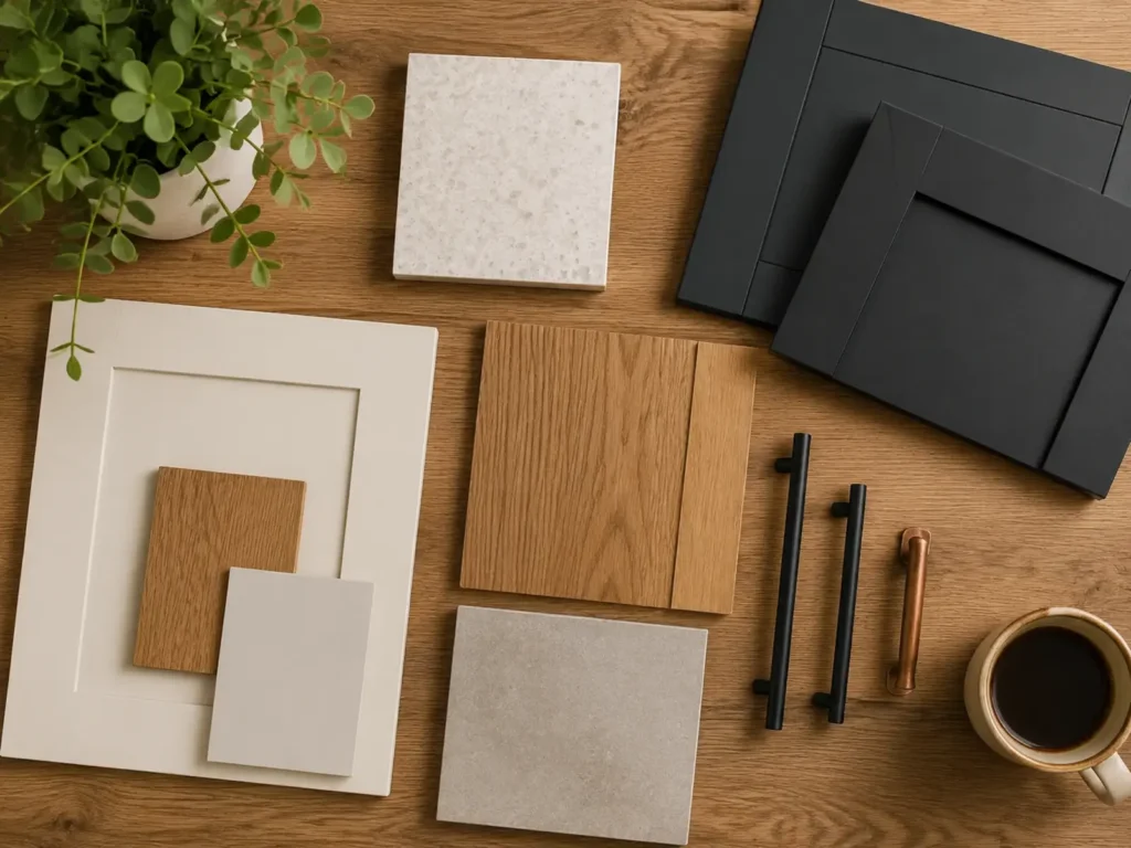 Muestras de encimera, frentes y madera para elegir los acabados de una cocina